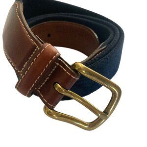 Vintage LL Bean Web Belt Mens 36 Fits 39 Blue Brown Leather Brass Buckle Preppy
